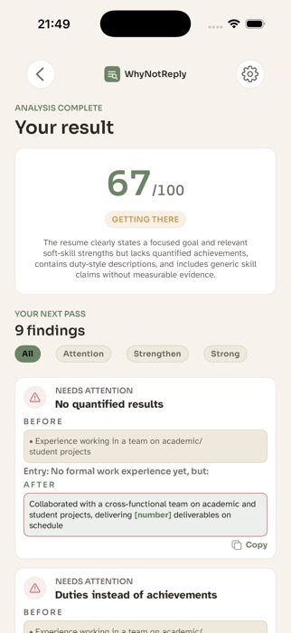 WhyNotReply Results screen showing a 67/100 score, a Getting There band, and findings with before/after rewrite suggestions